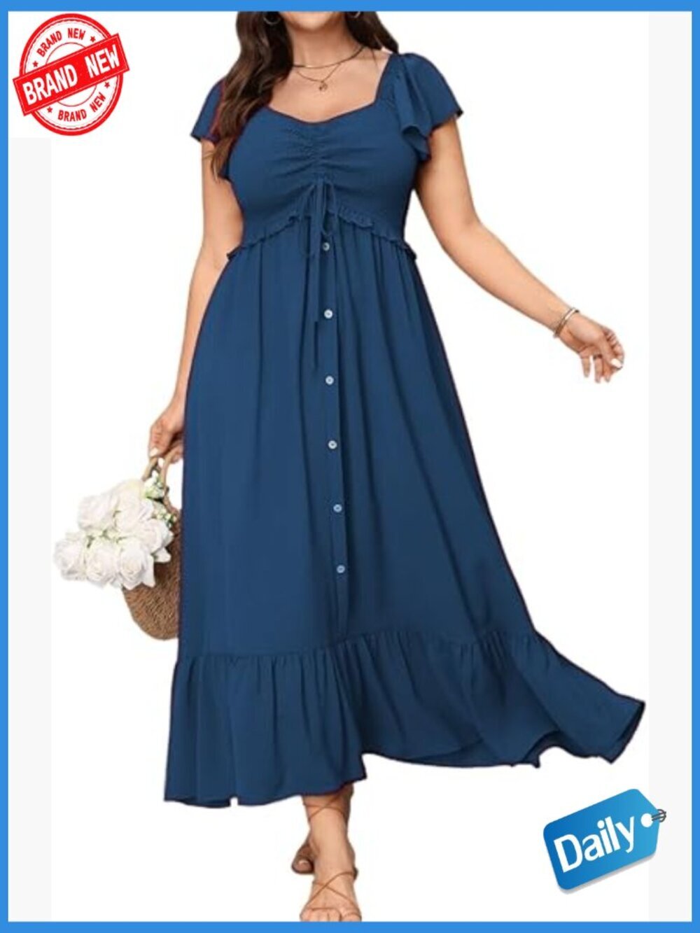 Plus Size Maxi Dress Smocked Flutter Sleeve Button Front Ruffle Hem